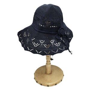 Navy Blue Wide Brim Sun Hat Womens Foldable Beach UV Protection